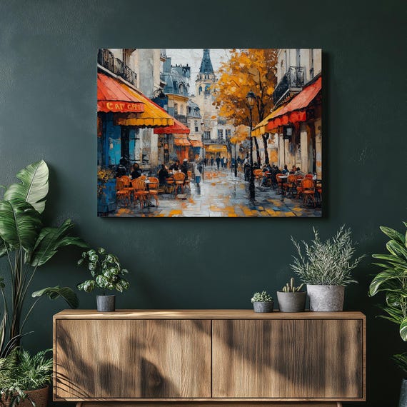 Paris Street Cafe Canvas Wall Art Lively Colorful Awnings Cultural Decor Coffee Lovers Painting Urban Scenery Parisian Wallart