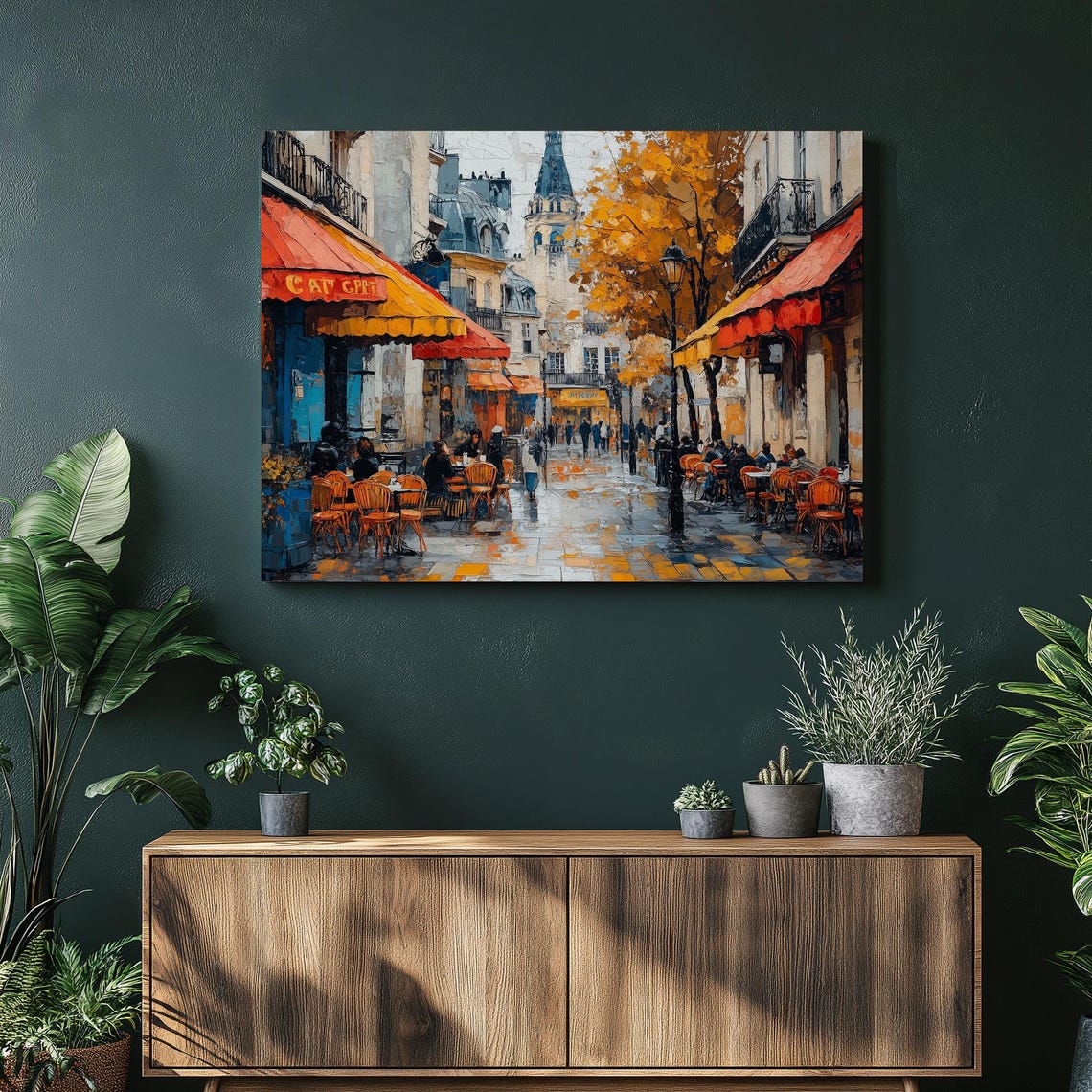 Paris Street Cafe Autumn Awnings Rainy Bistro Impressionist Wall Art