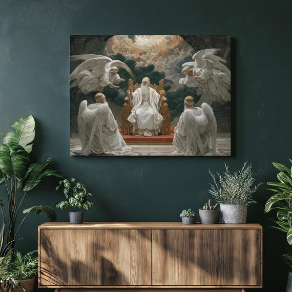Heavenly Throne Canvas Wall Art Classic Baroque Style Religious Icon Celestial Angels Divine Cloud Gold White God On Ornate Print