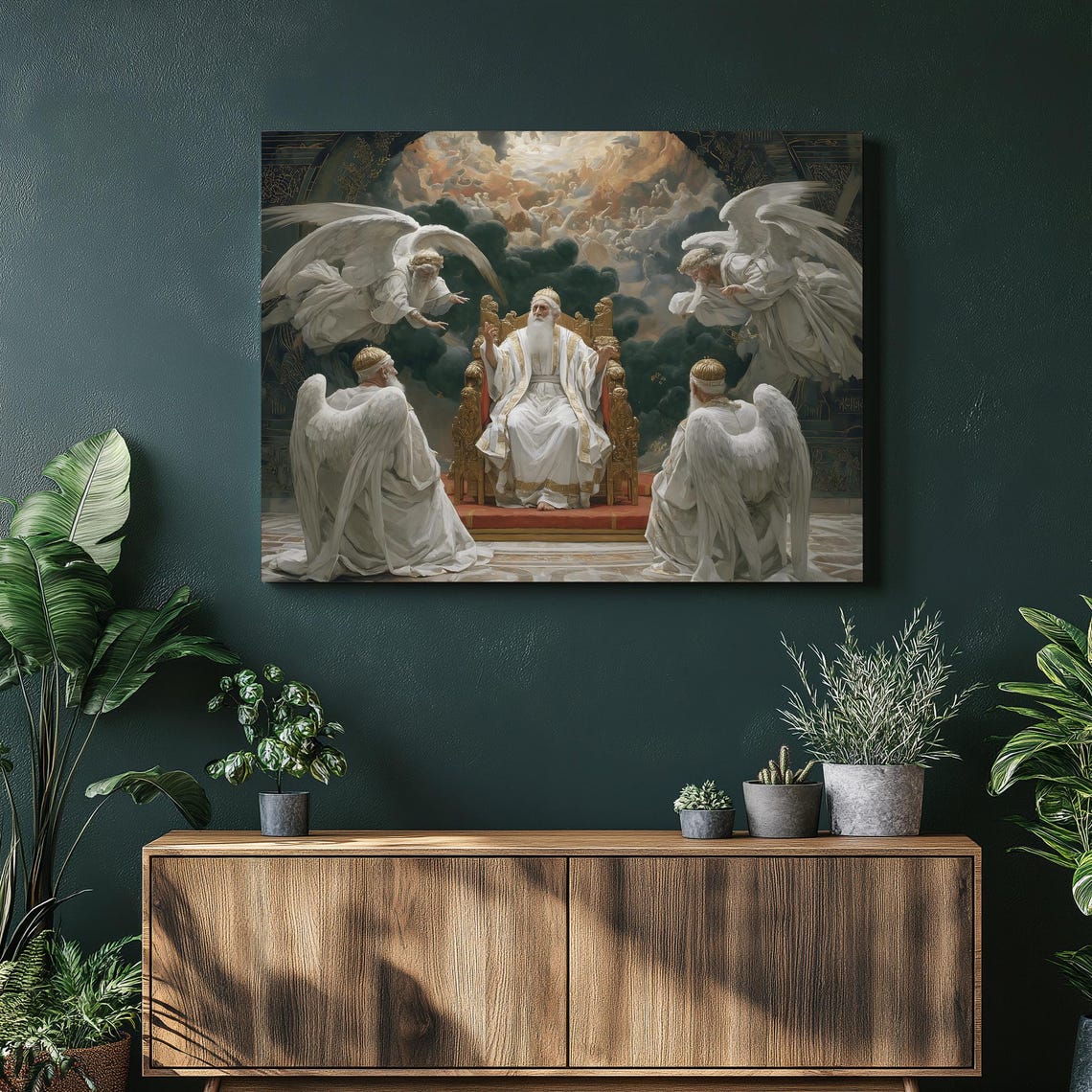 Heavenly Throne Canvas Wall Art Classic Baroque Style Religious Icon Celestial Angels Divine Cloud Gold White God On Ornate Print