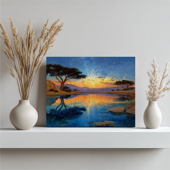 African Savanna Canvas Wall Art Sunset Reflection Landscape Print Acacia Tree Starry Sky Blue Orange Nature Scene Painting Decor