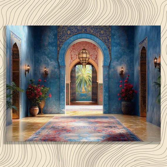 Moroccan Palace Interior Canvas Wall Art Ornate Archway Courtyard View With Palm Tree Blue Mosaic Walls Gilded Lantern And Rug Decor