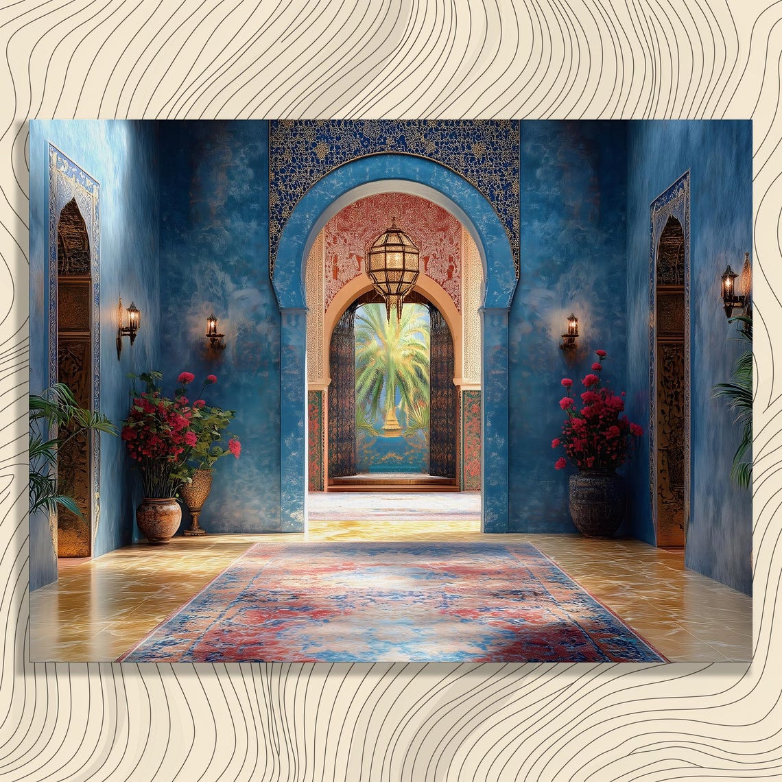 Moroccan Palace Interior Blue Arches Ornate Courtyard Wall Print