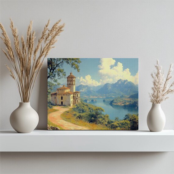 Mediterranean Villa With Tower Lakeside Mountains Sunny View Print