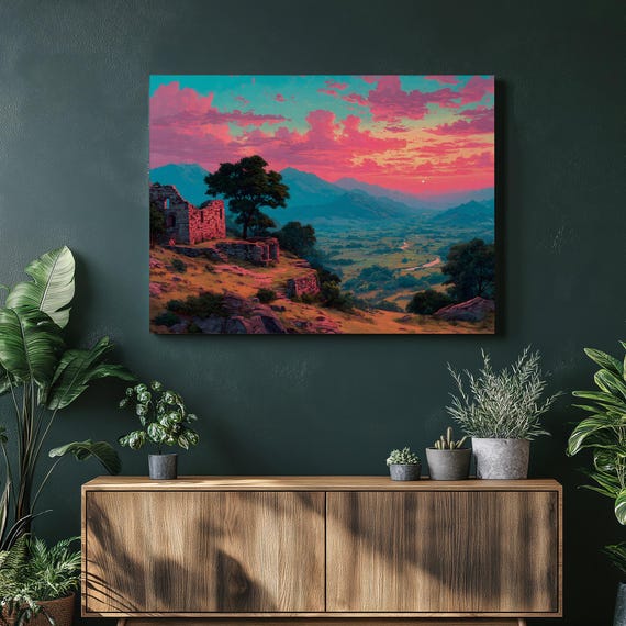 Colorful Sunset Ruins Canvas Wall Art Vibrant Mountain Scenery Ancient Stone Fortress Over A Winding Valley River Pink Teal Sky Print