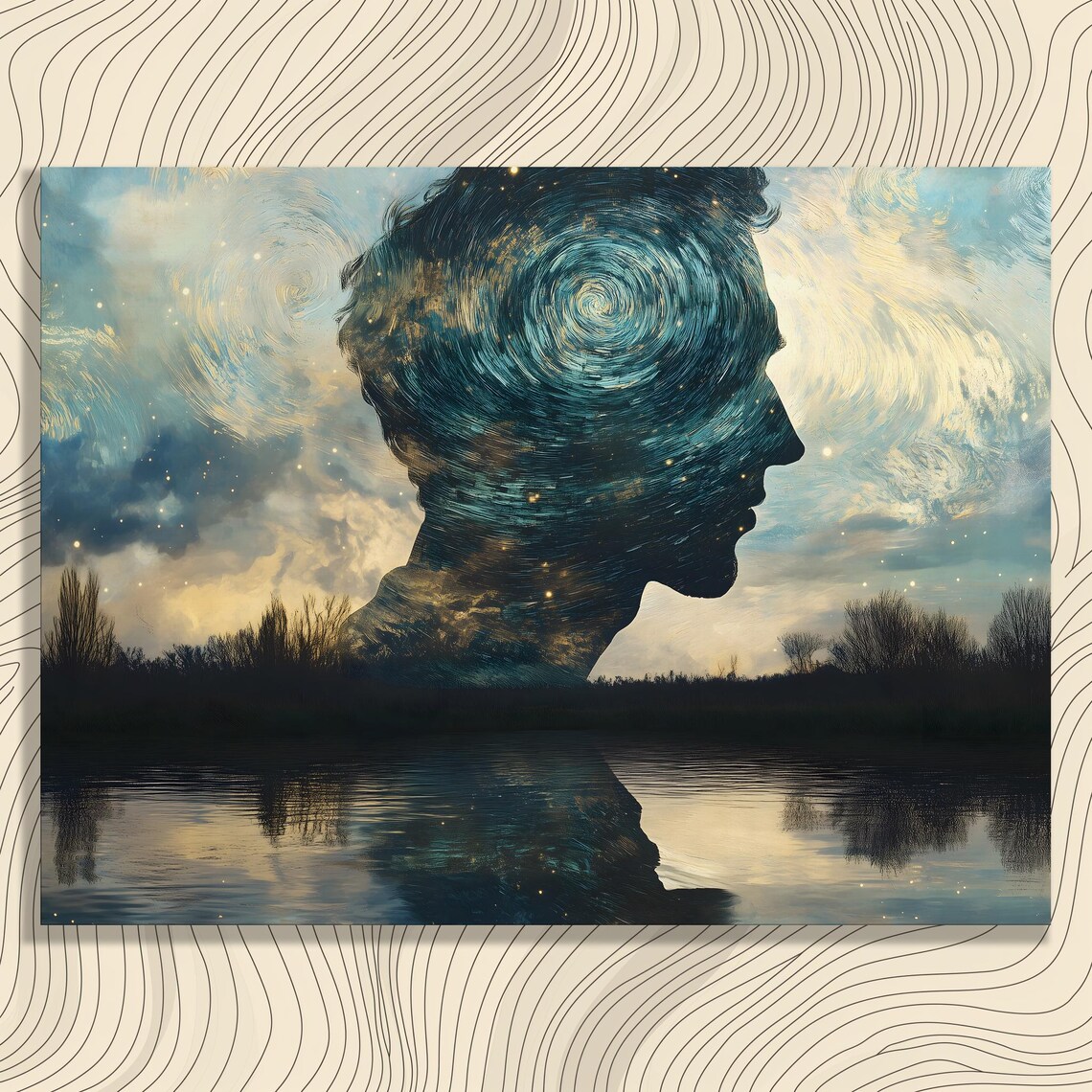 Ethereal Silhouette Starry Night Sky Double Exposure Surreal Art Poster