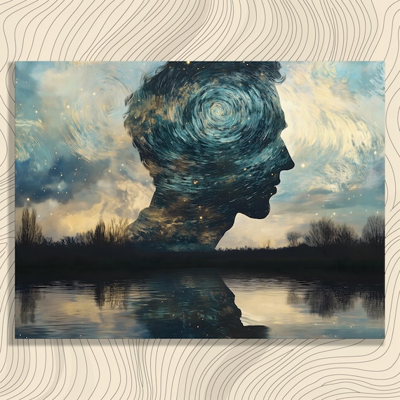 Ethereal Silhouette Starry Night Sky Double Exposure Surreal Art Poster