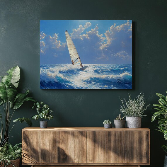 Windsurfing Sailboard Ocean Canvas Print Beach Waves Action Art