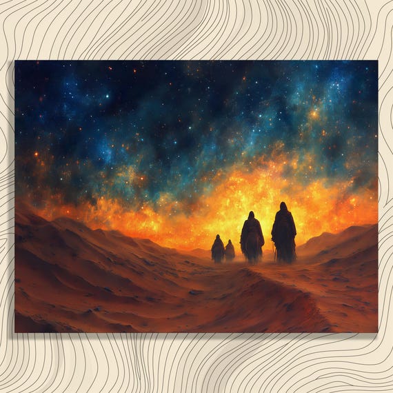 Surreal Desert Figures Canvas Wall Art Abstract Bohemian Mystical Starry Skies Print With Sandy Dunes Horizon Fine
