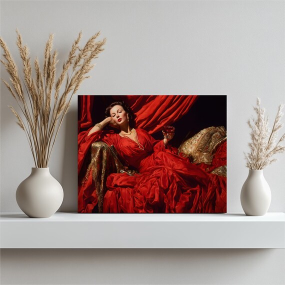 Glamorous Woman Red Dress Wine Glass Vintage Style Portrait Art Poster