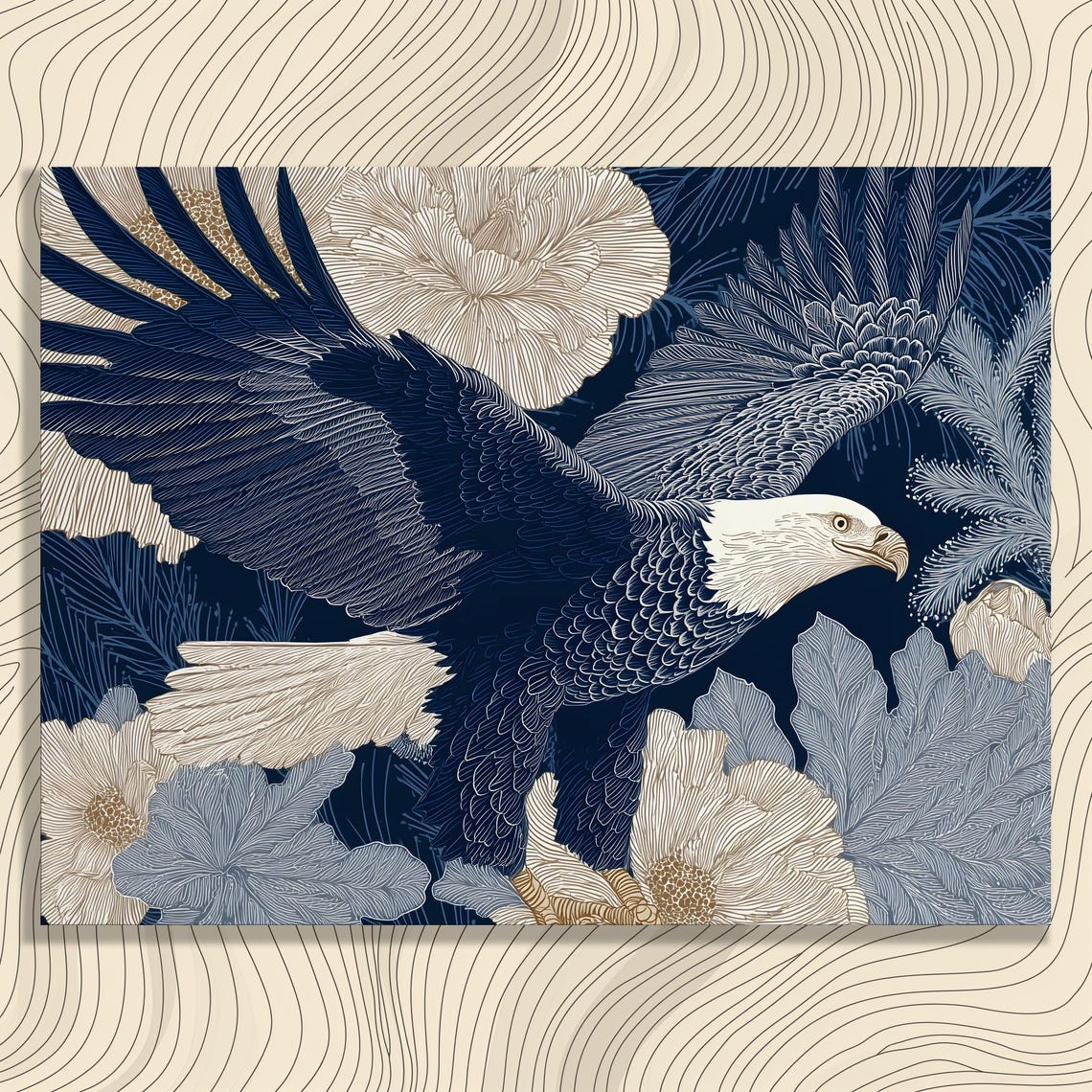Bald Eagle in Flight with Peonies Navy Line Art Bird Style Poster