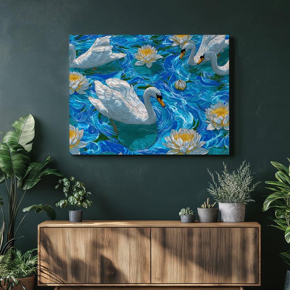 Colorful Swan Water Lily Canvas Wall Art Botanical Print Painting Nature Decor Nouveau Style Gift For Bird Lovers