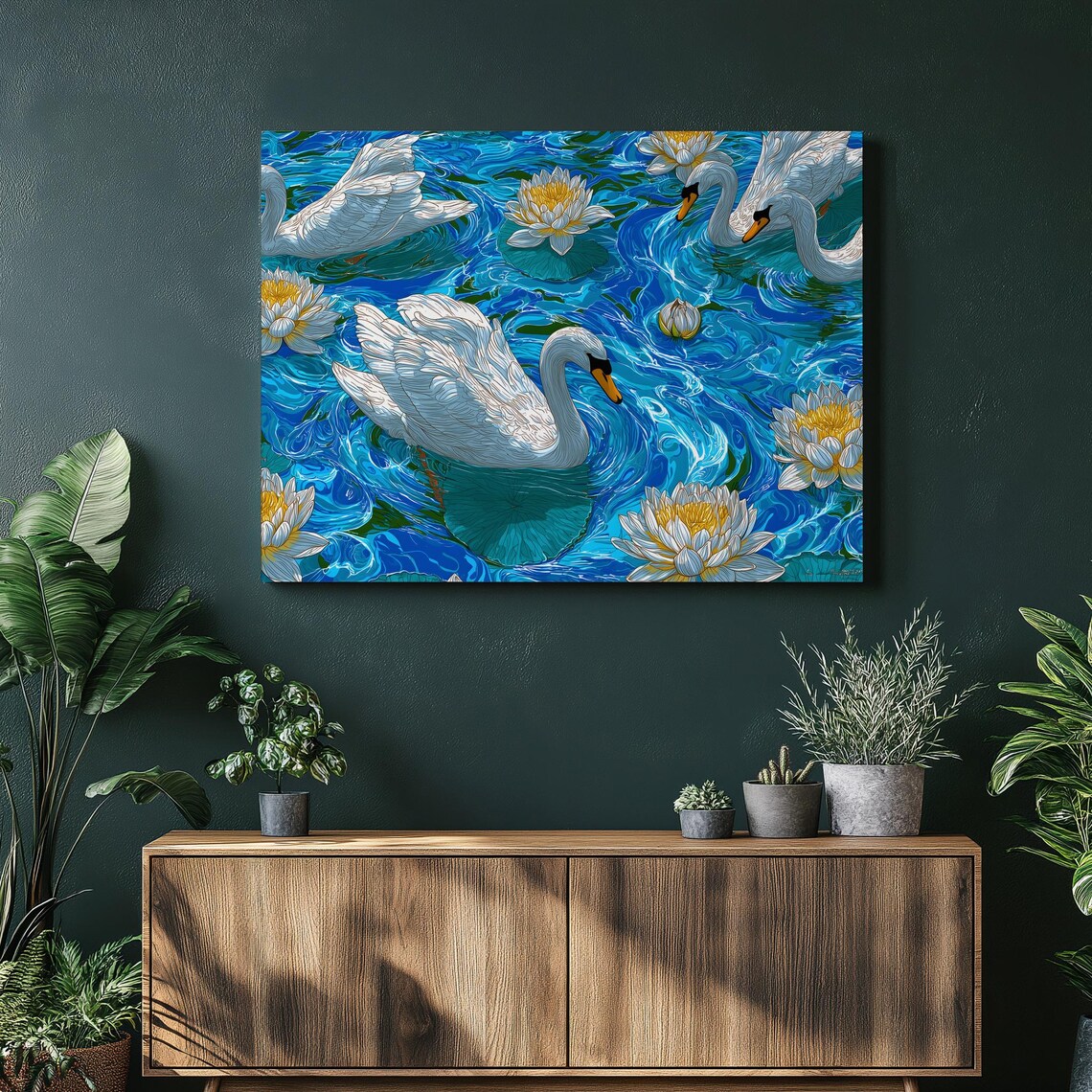 White Swans Water Lily Pond Swirling Blue Floral Wildlife Art Poster