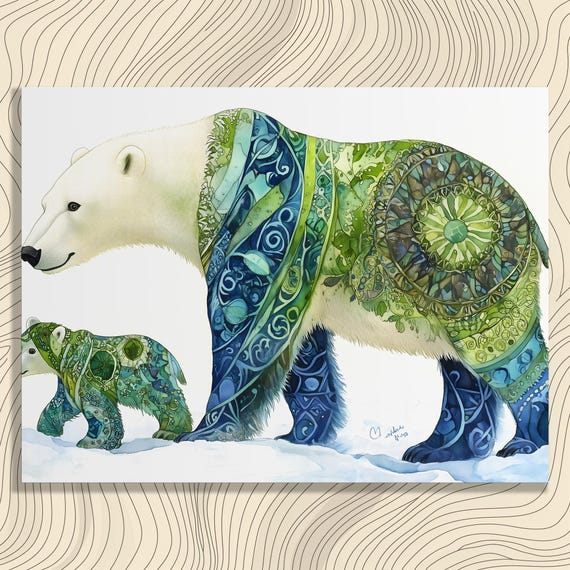 Polar Bear Canvas Wall Art Colorful Mother And Cub Wildlife Illustration Green Blue Nature Decor Print For Animal Lovers