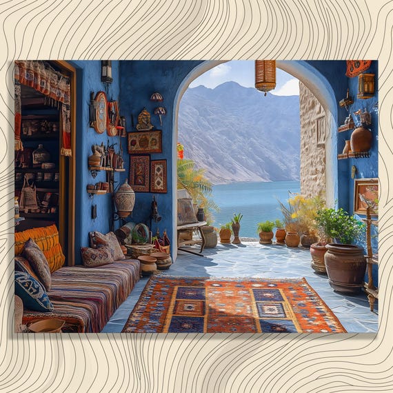Mountain Lake Canvas Wall Art Boho Bohemian Eclectic Landscape Print Textiles Pottery Decor Poster Gift For Artists And Interior