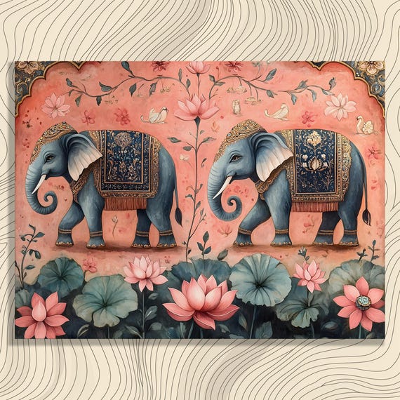 Elephant Canvas Wall Art Ornate Royal Elephants With Flowers Watercolor Illustration Floral Pattern Home Decor Print