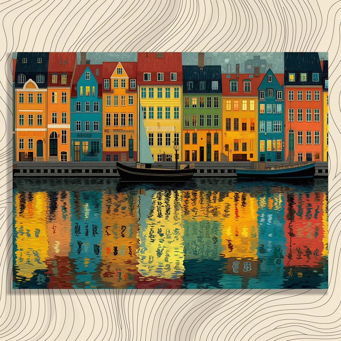 Colorful Canal Row Houses Cityscape Poster Waterfront Reflections View
