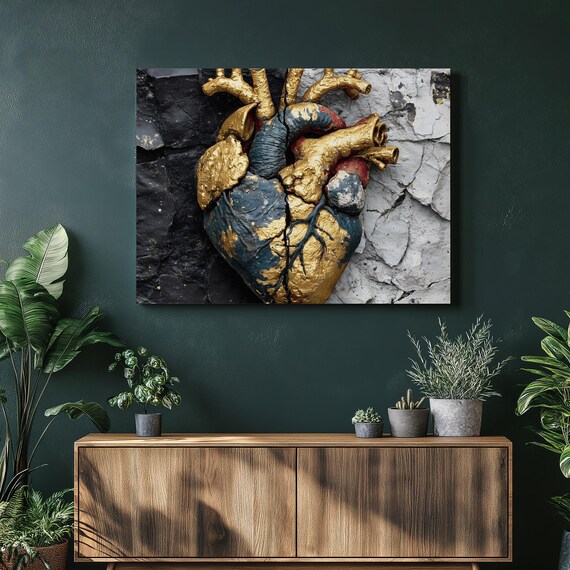 Abstract Anatomical Heart Canvas Wall Art Surreal Gilded Design With Textured 3d Effect Contemporary Science Gift Modern Decor Anatomy