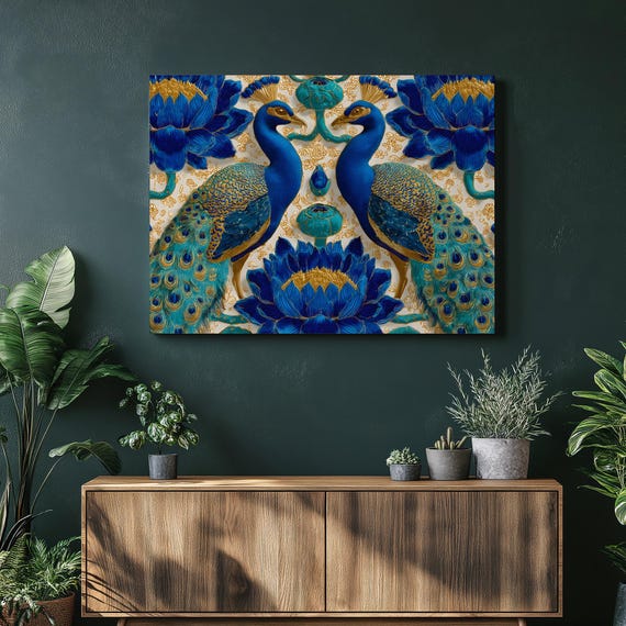 Peacock Floral Canvas Wall Art Boho Decor With Blue Peacocks Flowers Symmetric Pattern Botanical Illustration Print