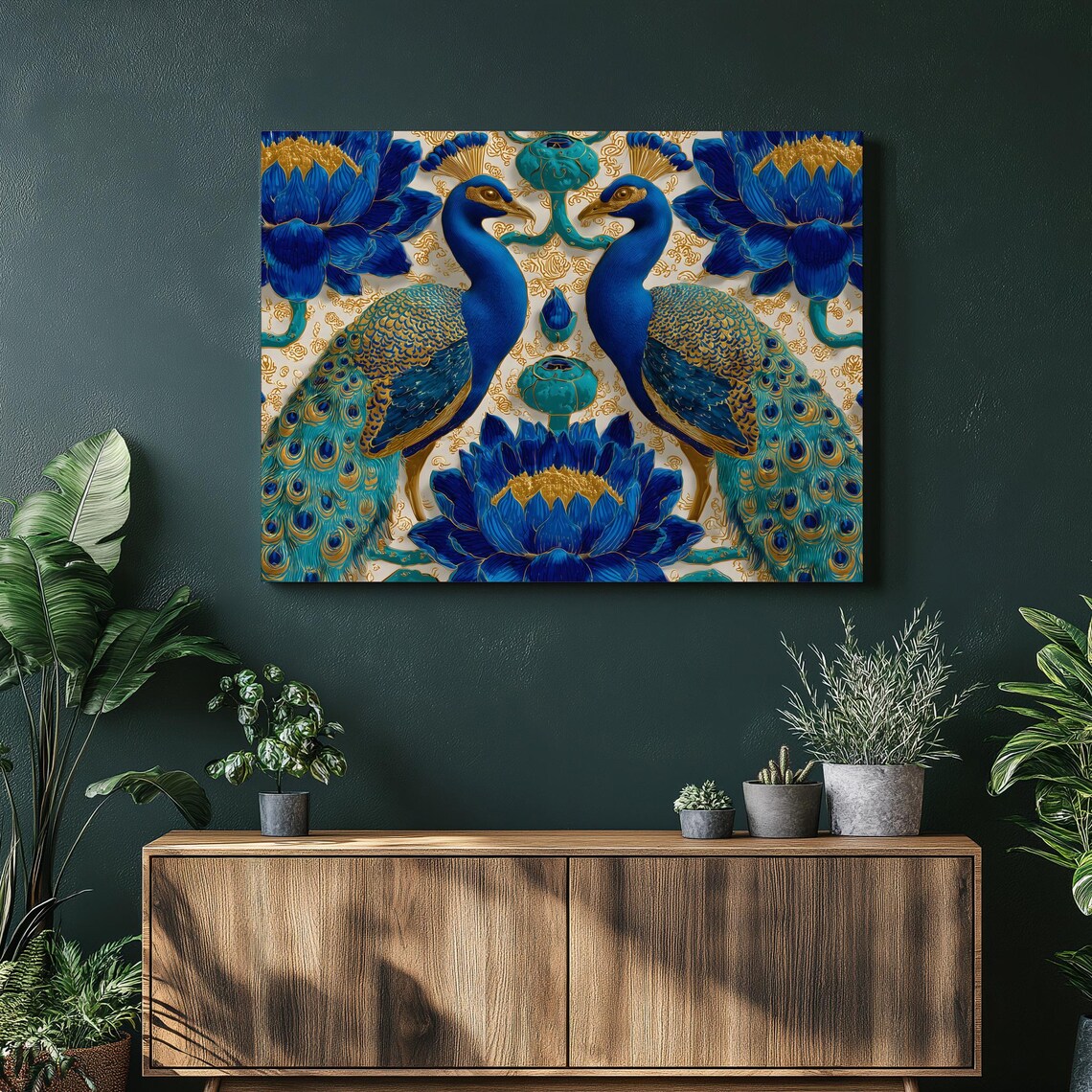 Peacock Floral Canvas Wall Art Boho Decor With Blue Peacocks Flowers Symmetric Pattern Botanical Illustration Print