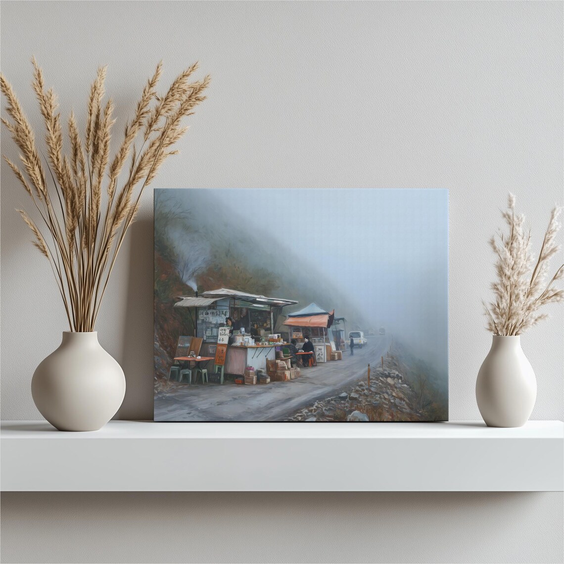 Misty Korean Mountainside Roadside Food Stalls Fog Scene Poster