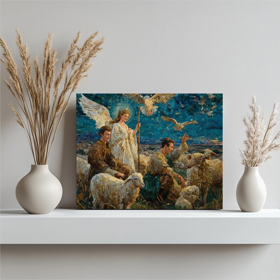 Mosaic Angel With Shepherds And Sheep Byzantine Nativity Wall Art