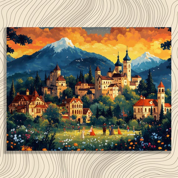 Vintage Village Canvas Wall Art Medieval Landscape Painting Print With Castle Flower Decor Home Accent Mountain Scenery