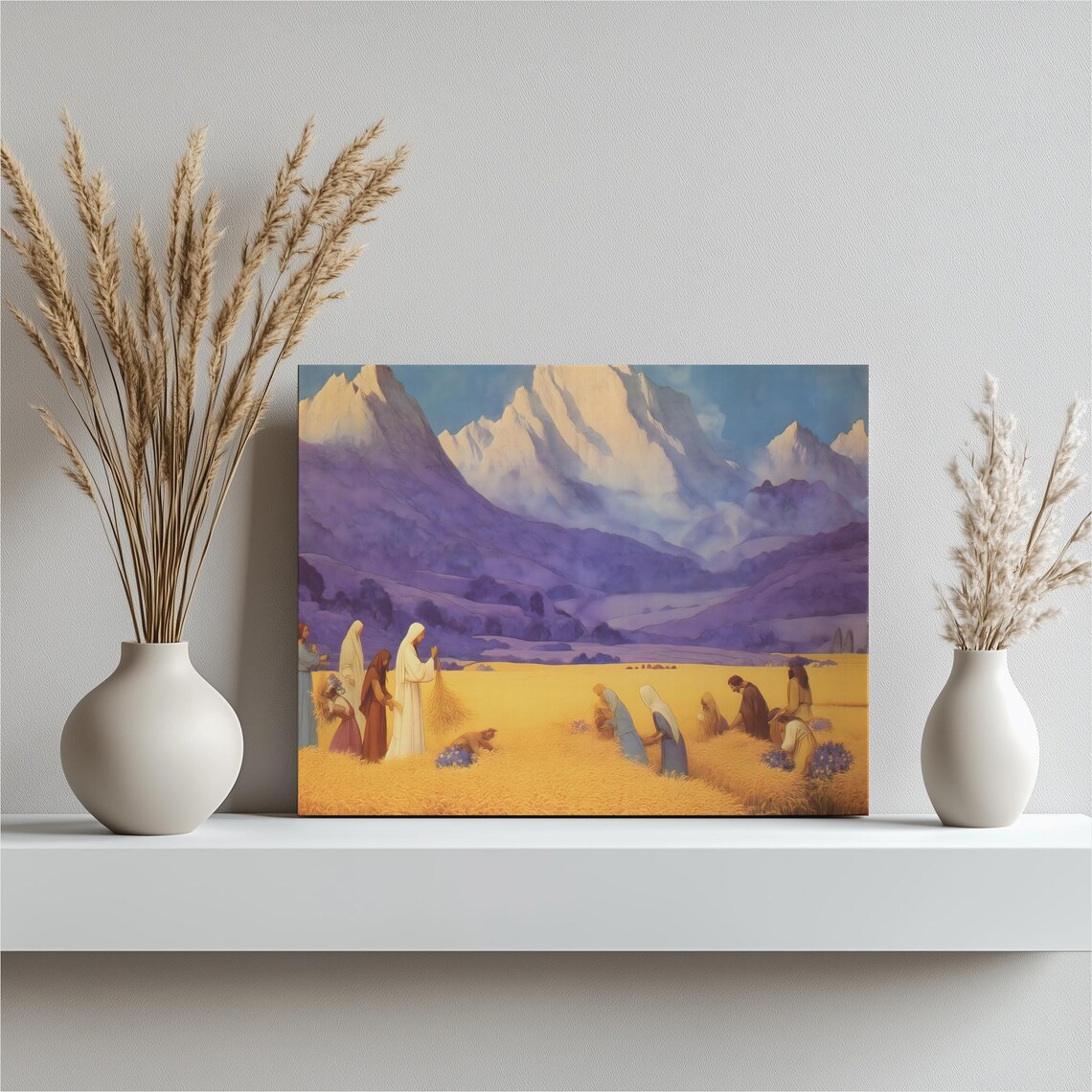 Wheat Harvest Gleaners Golden Field Purple Mountain Rustic Farm Poster