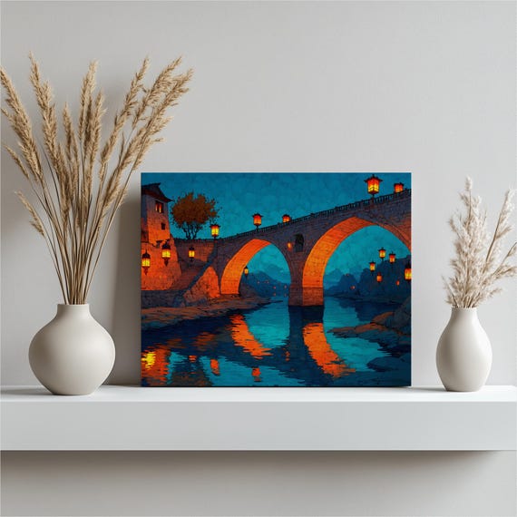 Lantern Bridge Night Canvas Wall Art Stone Arch Glowing Lanterns Water Reflection Sky Modern Decor Landscape Print