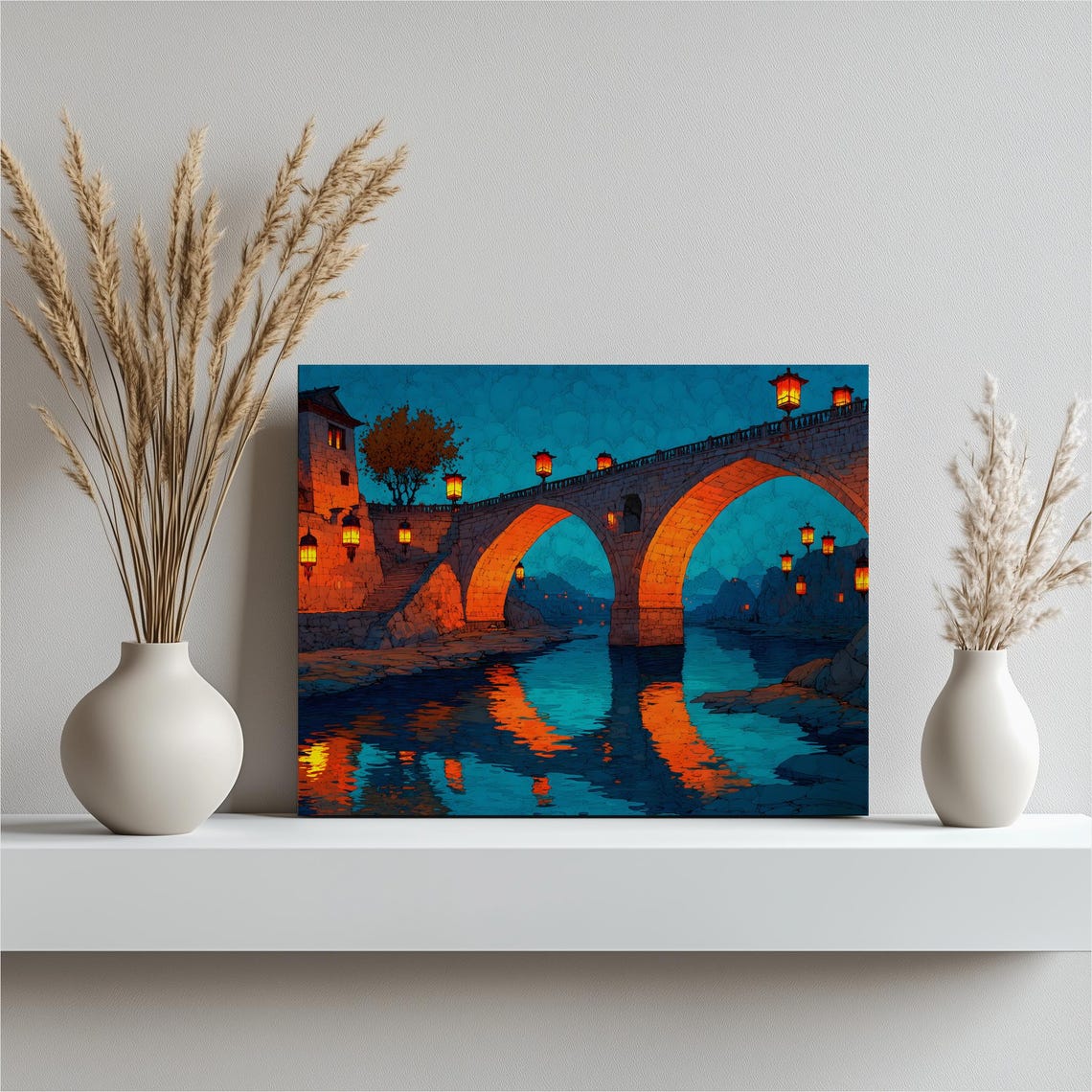 Old Stone Arch Bridge Glowing Lanterns Night Reflection Poster