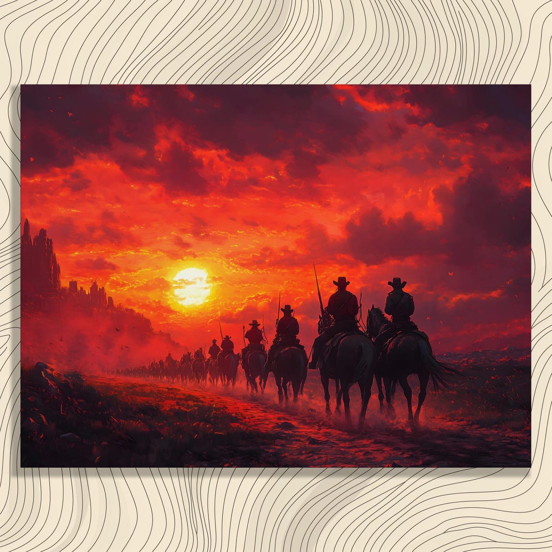 Cowboys Horseback Sunset Desert Dramatic Red Sky Vintage Poster
