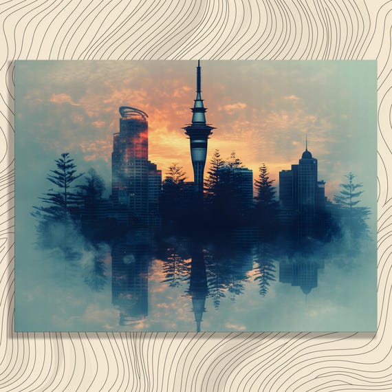 Stunning Sunset Cityscape Canvas Wall Art Surreal Misty Tower Print With Modern Urban Skyline Illustration Decor For Teens
