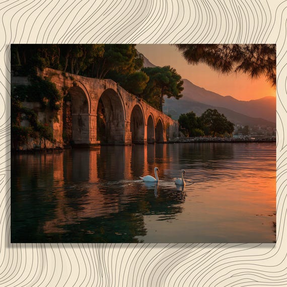 Sunset Bridge Swans Canvas Wall Art Stone Arch Painting With Water Reflection Graceful Serene Landscape Print