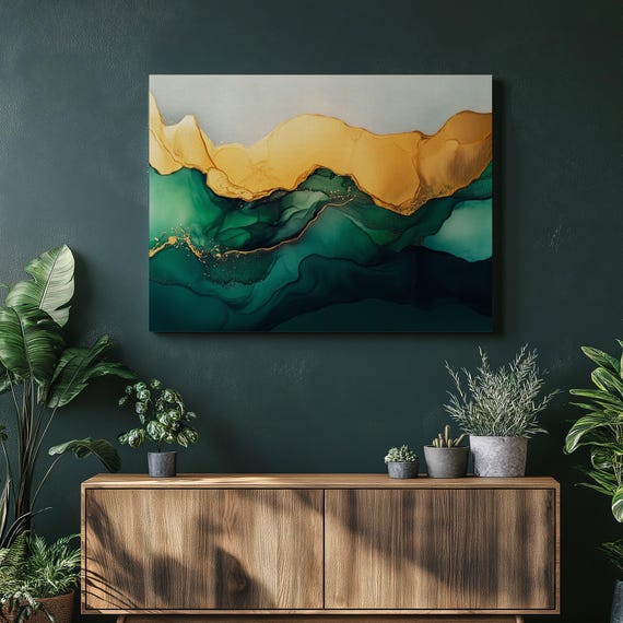 Forest Green Gold Abstract Canvas Wall Art Print Modern Fluid Painting Home Decor Geometric Ink Artwork Unique Gift For Lovers
