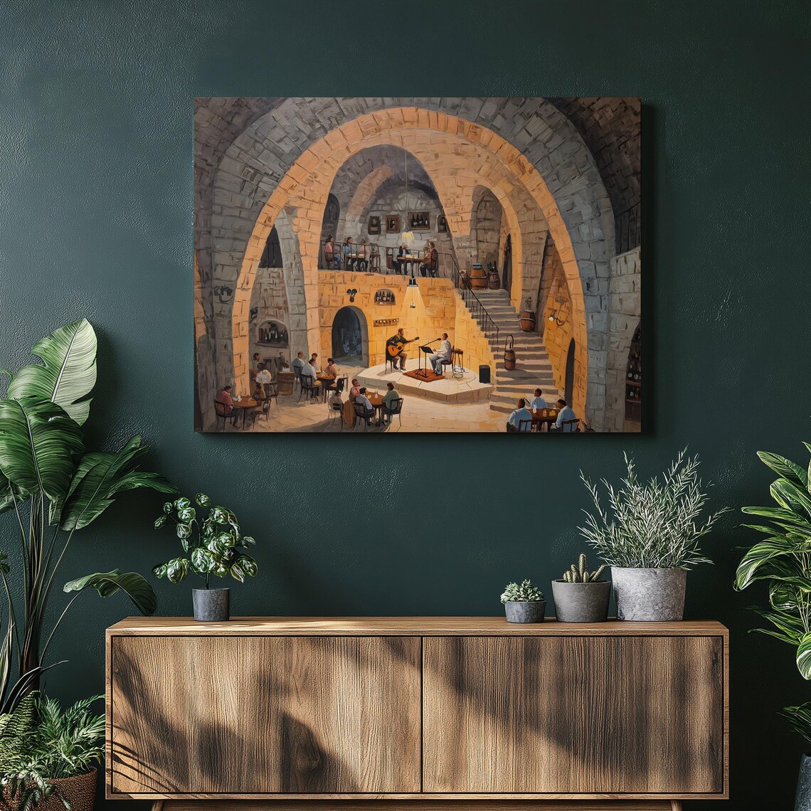 Wine Bar Live Music In Stone Cellar Painting Rustic Decor Poster