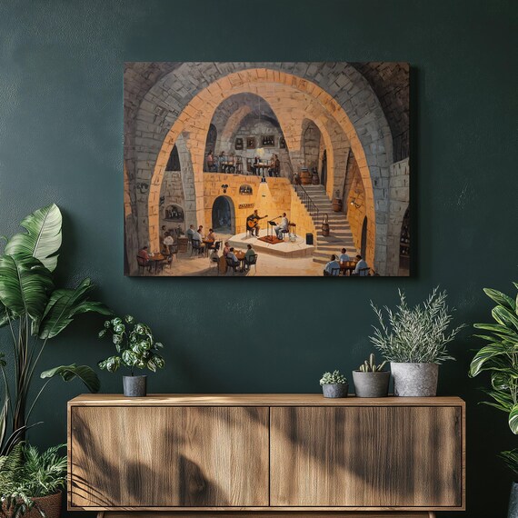 Wine Bar Live Music In Stone Cellar Painting Rustic Decor Poster