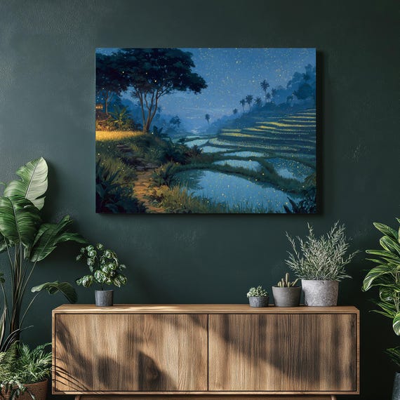 Tropical Lightning Bugs Landscape Canvas Wall Art Rice Terraces Under Starlit Sky With Palms And Water Reflections Blue Green Palette