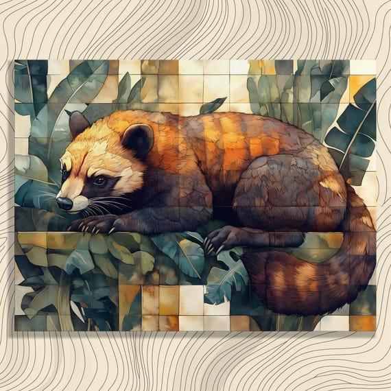Red Panda Jungle Canvas Wall Art Watercolor Mosaic Animal Decor With Tropical Leaves Tiled Pattern Nature Illustration For Living Spaces