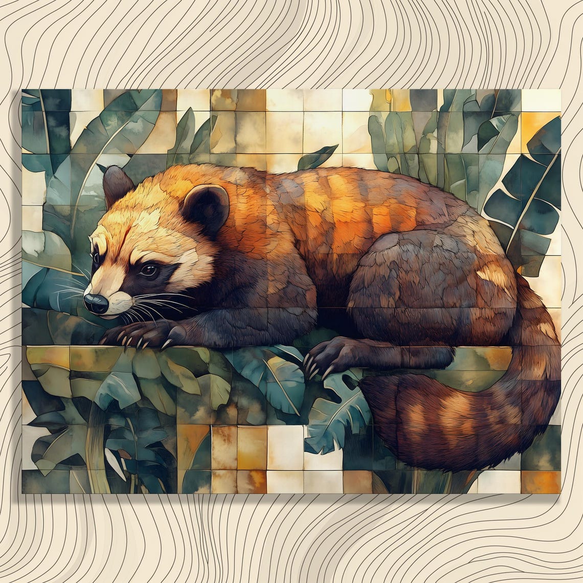 Red Panda Watercolor Mosaic Jungle Leaves Animal Canvas Wall Art
