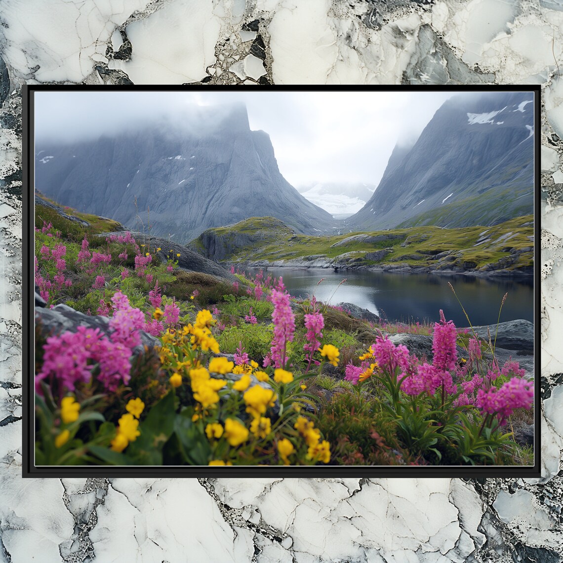 Wildflower Meadow Mountain Lake Misty Peaks Landscape Poster