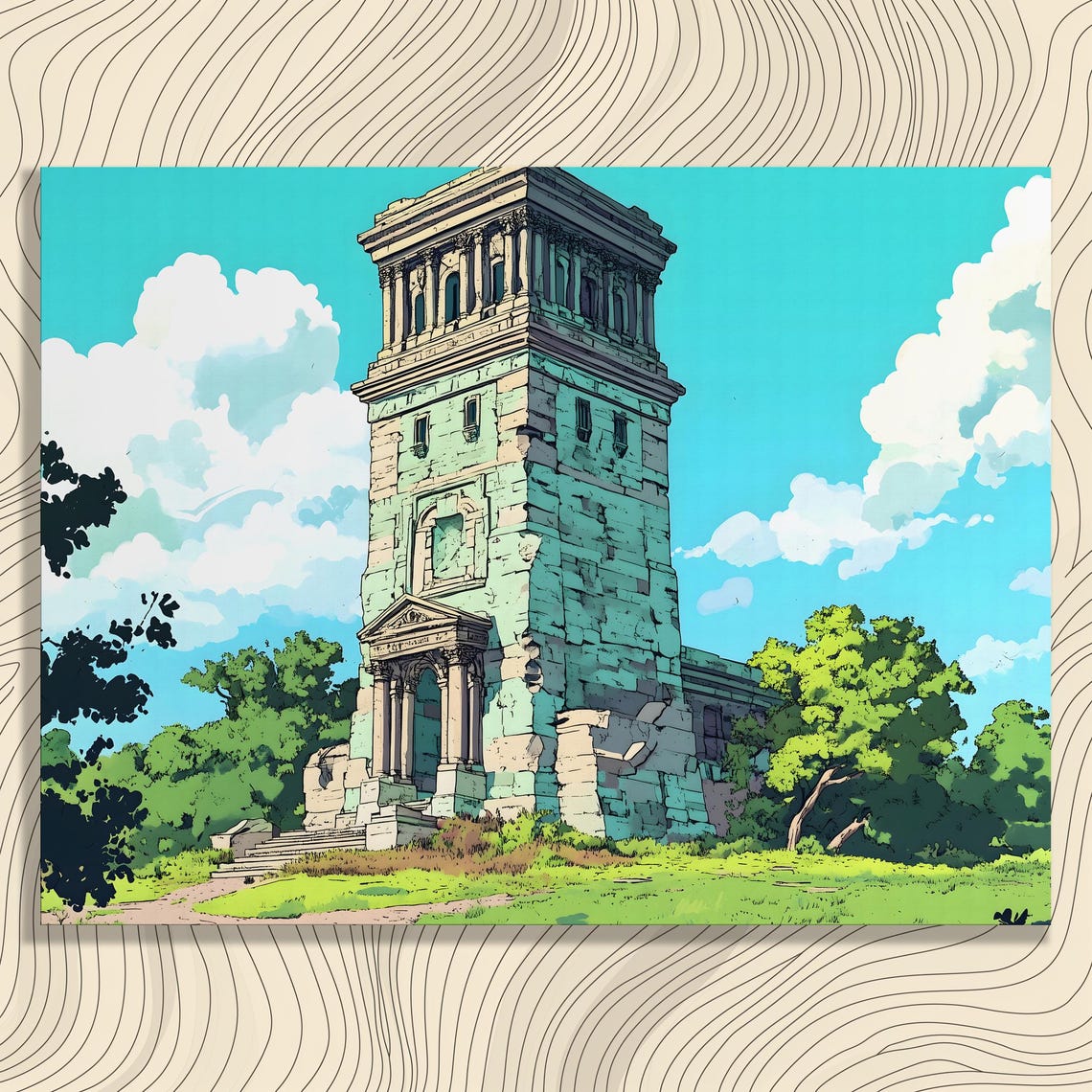 Ancient Stone Tower In Lush Green Park Vintage Anime Style Art Poster