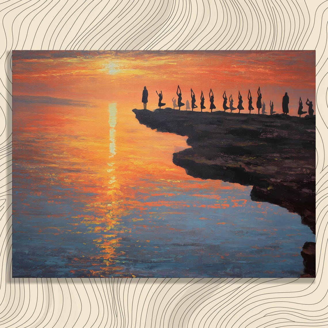 Sunset Yoga on the Cliffs Silhouette Ocean Oil Painting Poster