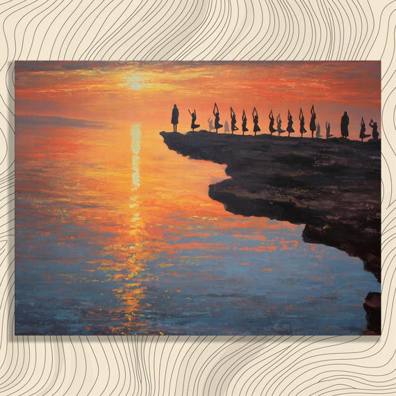 Sunset Yoga Canvas Wall Art Silhouette Cliff Meditation Decor Print Ocean Landscape Serene Group Pose Painting