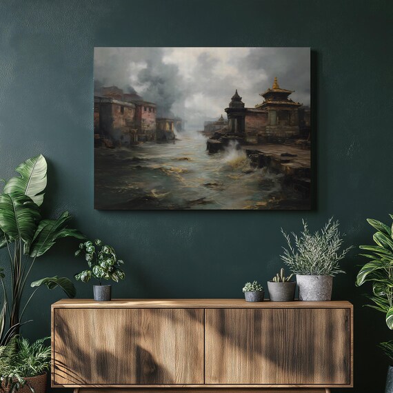 Ancient Temple Ruins Canvas Wall Art Stormy Seascape Print Moody Sea Dark Dramatic Ocean Waves Decor Gift