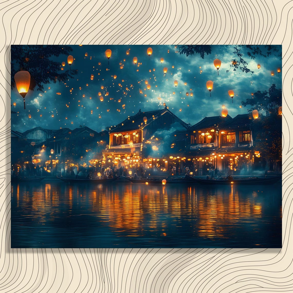 Floating Lanterns Canvas Wall Art Night Sky Print River Reflection Glow Paper Lantern Serene Tranquility Modern Flat Design