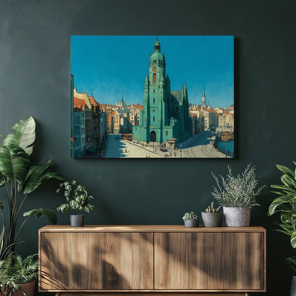 Green Cathedral Riverside Old Town European Vintage Travel Poster