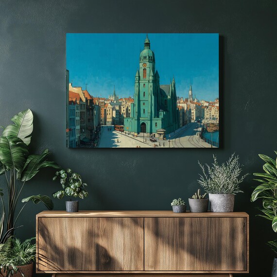 European City Cathedral Canvas Wall Art Waterfront Cityscape Print With Green Church Tower And Tram Vintage Travel Decor Urban Landscape