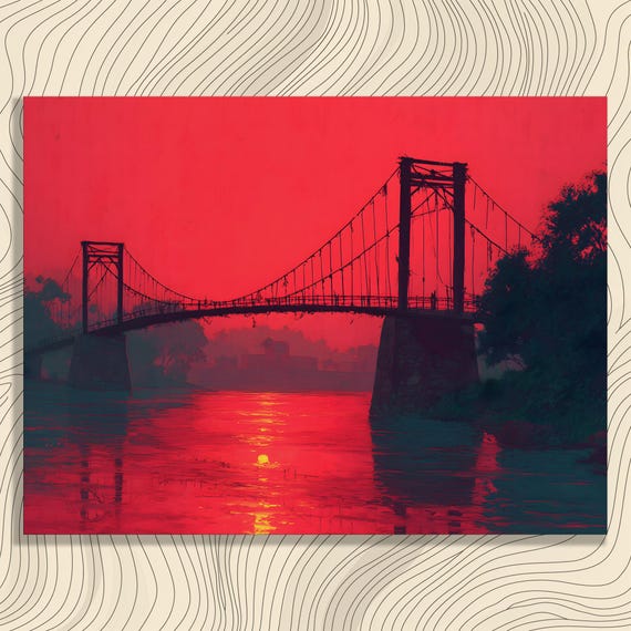 Sunset Bridge Canvas Wall Art Contemporary River Reflections Silhouette Scene Modern Dusk Landscape Painting Nature Decor Teal Red
