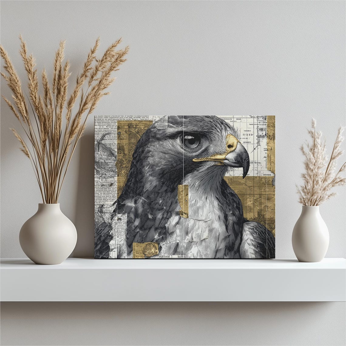 Falcon Hawk Modern Black And White Raptor Gold Collage Art Print