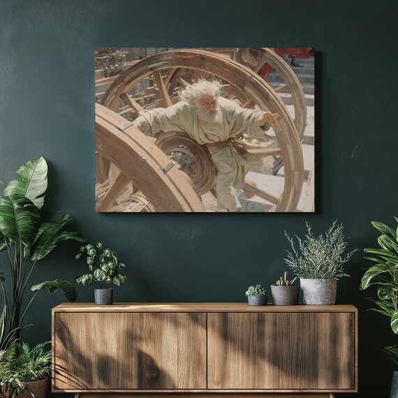 Elderly Craftsman Wooden Gears Vintage Workshop Painting Wall Art
